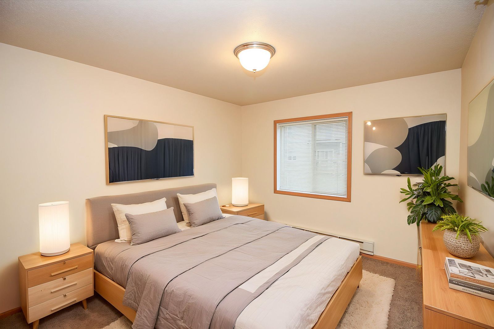 A bedroom with a bed, nightstand, and window.